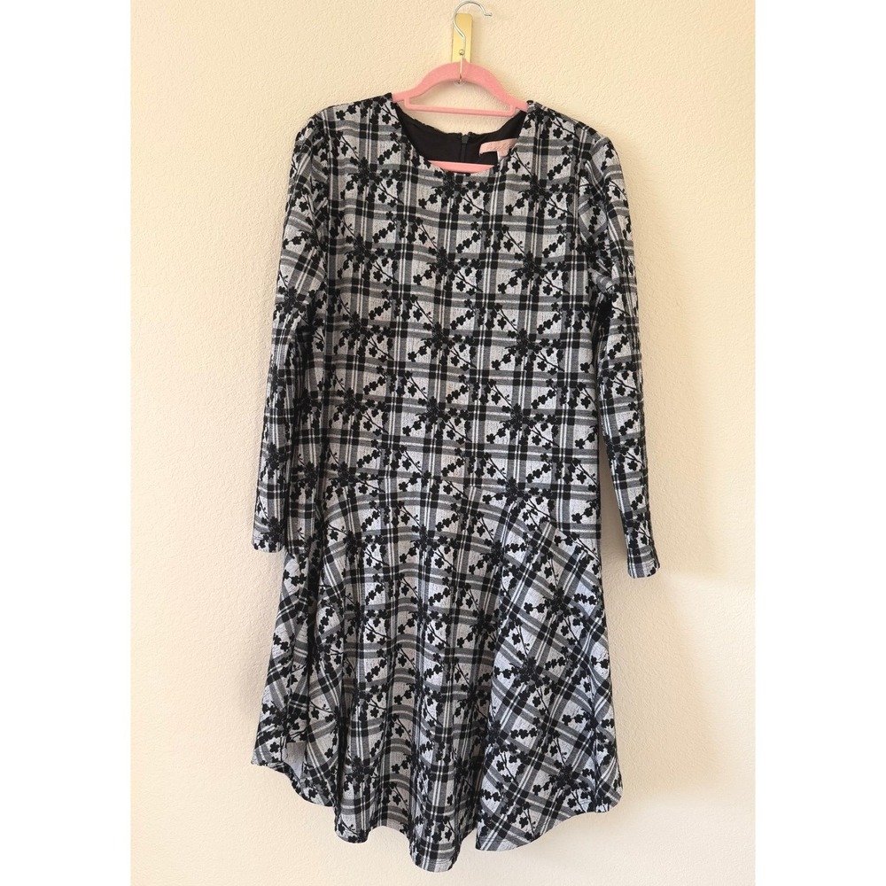 Anthropologie‎ Hutch Jeanie Embroidered Geometric Black/Gray Plaid Dress Large
